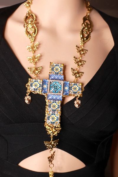 SOLD! 8628 Baroque Sicilian Tile Print Massive Cross Necklace