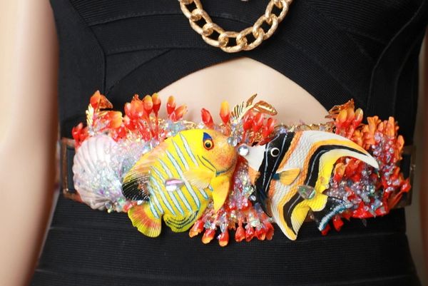 SOLD! 8638 Art Jewelry Nautical Hand Painted Fish Coral Reef Waist Belt Size S, L, M