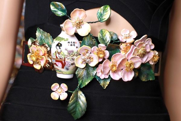SOLD! 8645 Art Jewelry Kimono 3D Effect Sakura Blossom Embellished Waist Gold Belt Size S, L, M