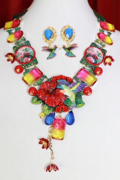 SOLD! 8648 Art Jewelry 3D Effect Hand Painted Hummingbird Genuine Tourmaline Massive Statement Necklace+ Earrings