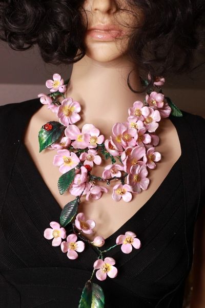 SOLD! 8672 Set Of Sakura blossom Hand Painted Massive Necklace+ Earrings