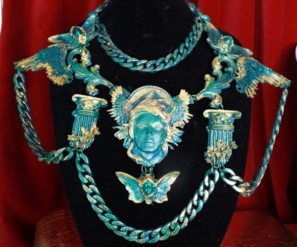 SOLD! 8679 Medieval Art Jewelry 3D Effect Hand Painted Medusa Gorgon Malachite Stone effect Necklace