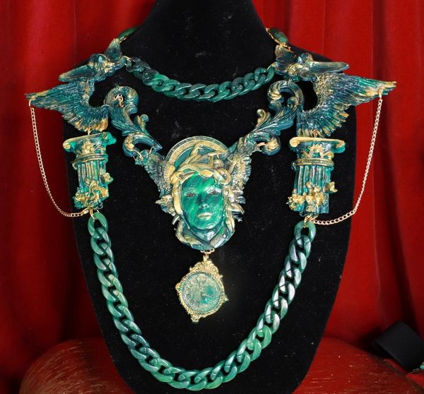 SOLD! 8685 Medieval Art Jewelry 3D Effect Hand Painted Medusa Gorgon Malachite Stone effect Necklace