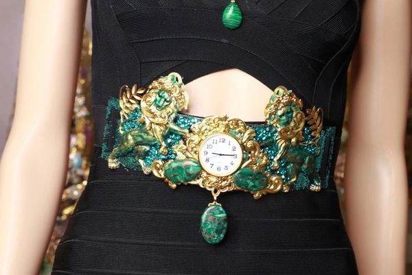 SOLD! 8686 Medieval Art Jewelry 3D Effect Hand Painted Clock Lions Malachite Stone effect Embellished wide Waist Belt size S, M, L