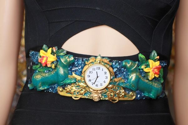 SOLD! 8693 Medieval Art Jewelry 3D Effect Hand Painted Clock Japanese Malachite Stone effect Embellished wide Waist Belt size S, M, L