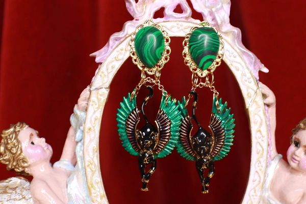 SOLD! 8705 Egyptian Revival Bastet Enamel Genuine Malachite Studs Earrings