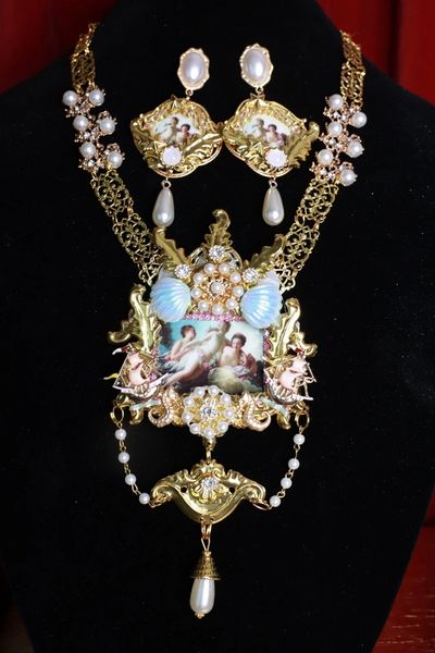 SOLD!8676 Set Of Rococo Paintings Diana From Hunting Nautical Massive Statement Necklace+ Earrings