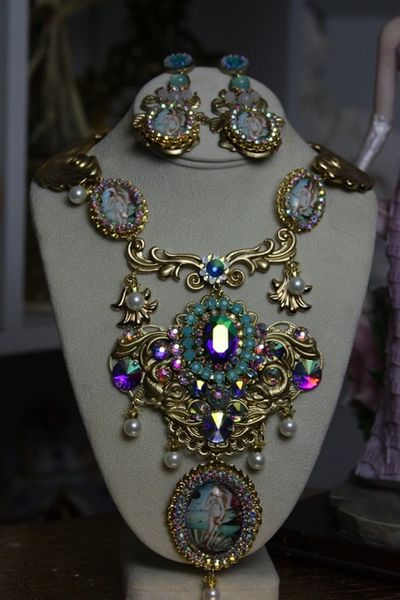 SOLD! 695 SET Enamel Crystal Birds Enamel Flower Statement Necklace + Earrings