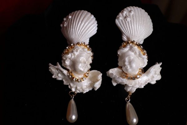 SOLD! 8729 Large Pearlish Chubby Cherubs angels Shell Light Weight Studs Earrings