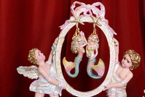 SOLD! 8733 Nautical Faced Mermaids Hand Painted Pearlish Earrings