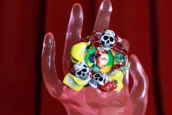 SOLD! 8757 Frida Kahlo Scull Enamel Lily Calla Adjustable Cocktail Ring