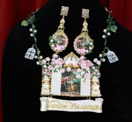 SOLD! 8759 Set Of Rococo Paintings 4 Seasons Jardin Hand Painted Massive Statement Necklace+ Earrings