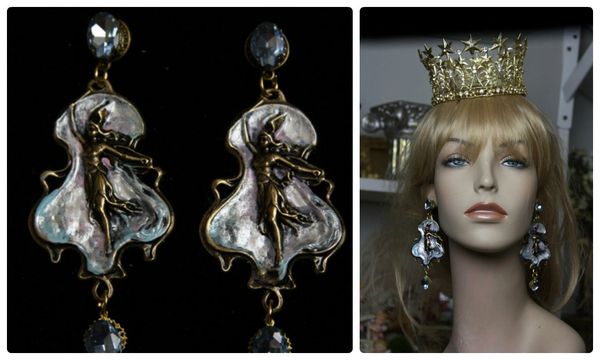 SOLD! 1013 Art Nouveau Pearlish Goddess Blue Crystal Fantastic Bronze Tone Earrings