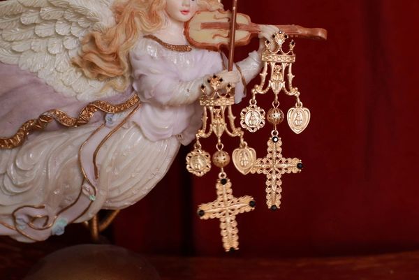 8809 Baroque Cross Gold Tone Dangle Earrings