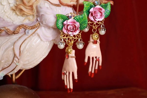 SOLD! 8813 Baroque Hands Roses Dangle Earrings