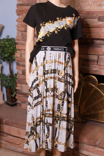 8824 Set Of Cotton Blend Baroque Print T-shirt+ Pleated Skirt US4-US6