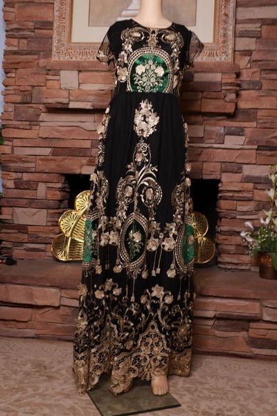 8850 Baroque Embroidery Sheer Maxi Dress US4-6