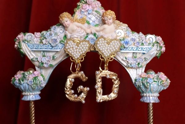 SOLD! 8861 Baroque Metal Letters Pearl Heart Earrings