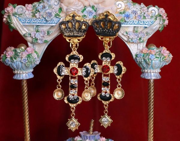 8863 Baroque Metal Cross Crown Black Rhinestones Earrings