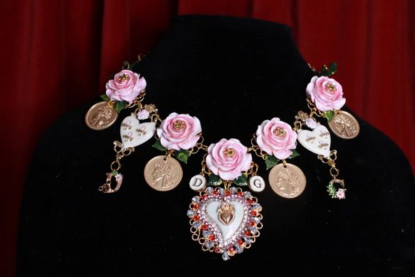 SOLD! 8864 Baroque Enamel Roses Hearts Massive Statement Necklace