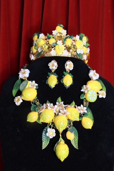 8872 Set Of Baroque 3D Effect Lemon Fruit Statement Necklace+ Earrings