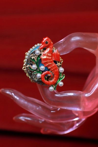 8874 Adjustable Nautical Red Seahorse Genuine agate Ring