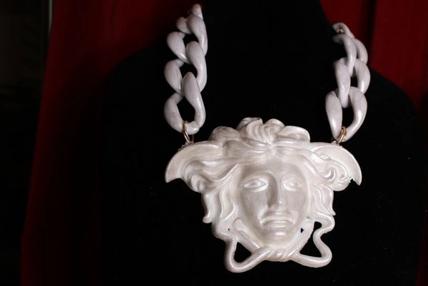 SOLD! 8890 Unisex Mythological Roman Head Chained Pearl White Huge Necklace