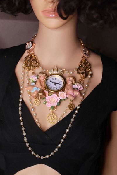 SOLD! 8892 Baroque Cherubs Angels Clock Roses Huge Necklace