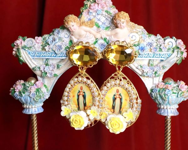 8900 Virgin Mary Yellow Rhinestone Studs Earrings