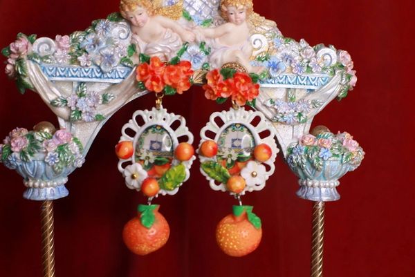 8905 Baroque Orange Flower Tile Print Studs Earrings