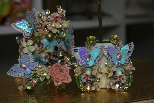 SOLD!1018 SET Earrings+ Victorian Cherub Flower Cuff Bracelet Bangle