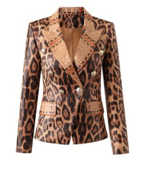 8916 Runway 2022 Leopard Print PU Leather Double Breasted Blazer