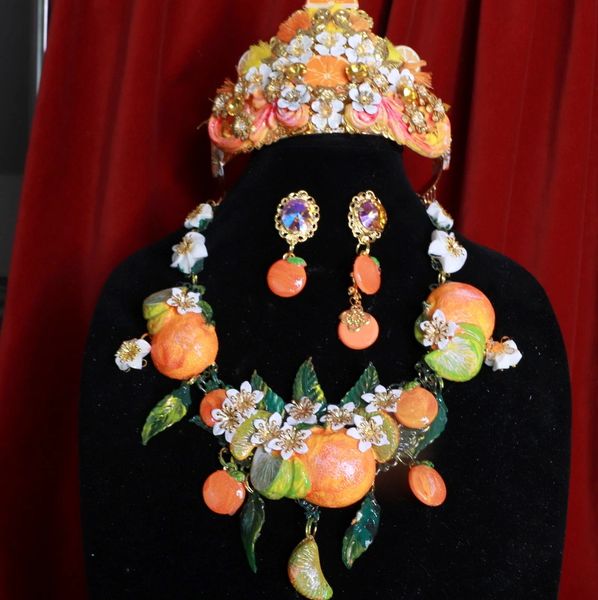 8925 Set Of Sicilian Orange Fruit Hand Painted Necklace+ Earrings
