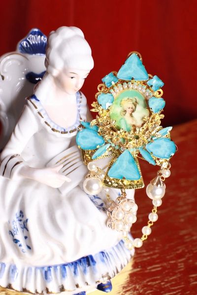 SOLD! 8934 Marie Antoinette Aqua Rhinestones Pearl Brooch