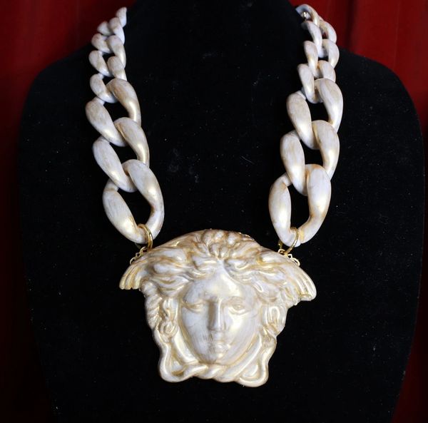 SOLD! 8937 Unisex Mythological Roman Head Chained Antique Gold Dust Huge Necklace