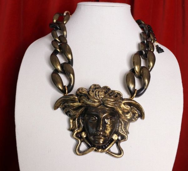SOLD! 8938 Unisex Mythological Roman Head Chained Antique Black Gold Huge Necklace
