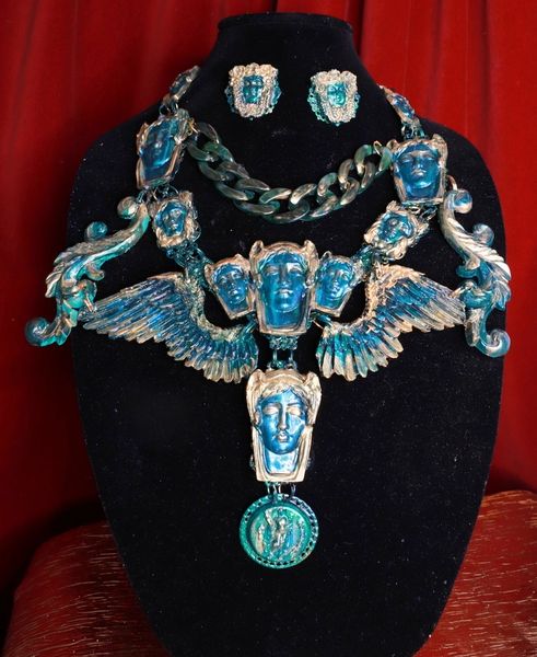 8941 Set Of Roman Statues Art Jewelry 3D Effect Hand Painted Malachite Stone effect Necklace+ Earrings