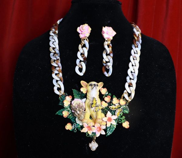 8943 Set OF 3D Effect Adorable Vivid Chihuahua Dog Garden Necklace+ Earrings