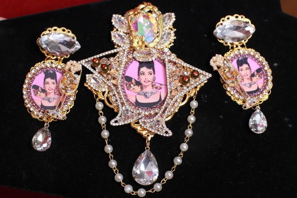 8978 Set Of Audrey Hepburn Champagne Massive Pin Brooch+ Earrings