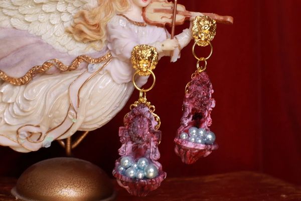 SOLD! 8979 Art Deco Red Marble Lion Fountain Pearl Earrings
