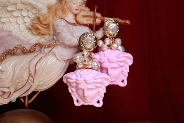 SOLD! 8981 Art Deco Mythological Head Pink Earrings