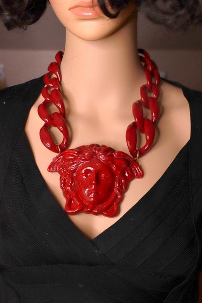 SOLD! 8987 Unisex Mythological Roman Head Chained Dark Red Huge Necklace
