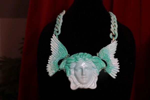 8989 Unisex Mythological Roman Head Chained Winged Ombre Huge Necklace