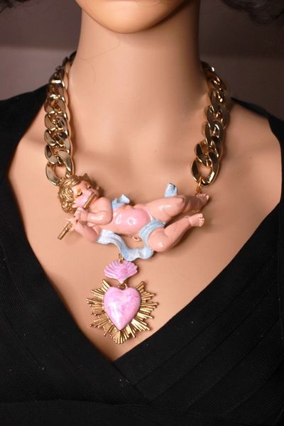 SOLD! 8990 Baroque Musical Angel Cherub Sacred Heart Chained Huge Necklace