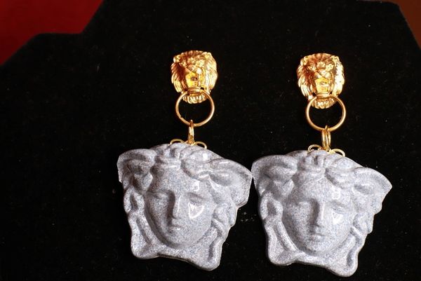 SOLD! 8993 Art Deco Mythological Head Granite like Earrings