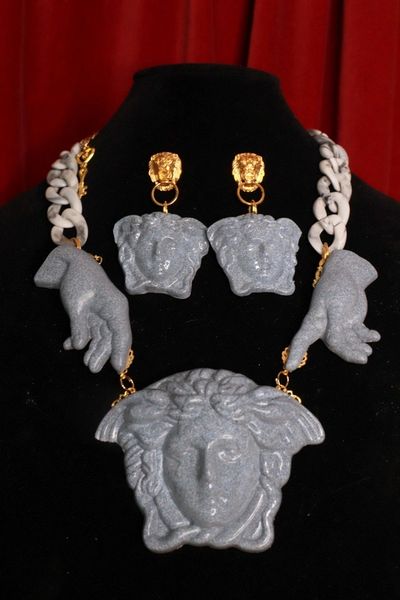 8994 Unisex Mythological Roman Head Chained Granite like Huge Necklace