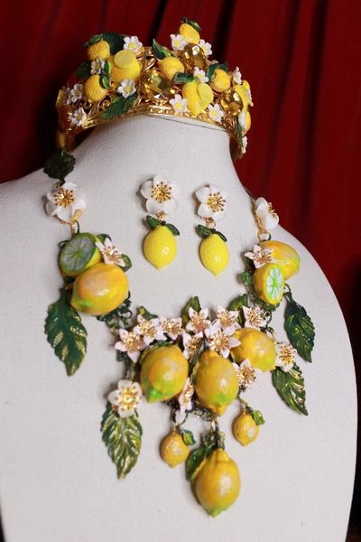SOLD! 9011 Set Of Baroque 3D Effect Lemon Fruit Statement Necklace+ Earrings