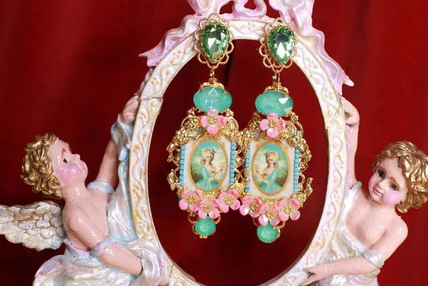 SOLD! 9028 Aqua Victorian Marie Antoinette Pink Roses Studs Earrings