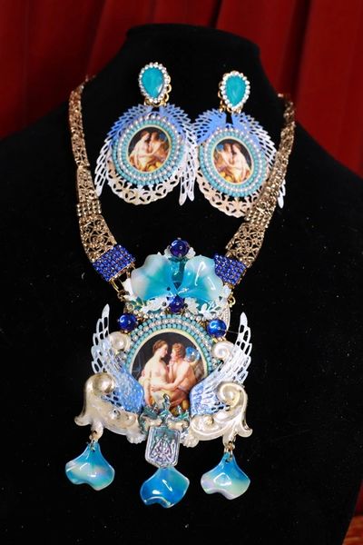 9035 Set Of Winged Italian Renaissance Statement Necklace+ Earrings