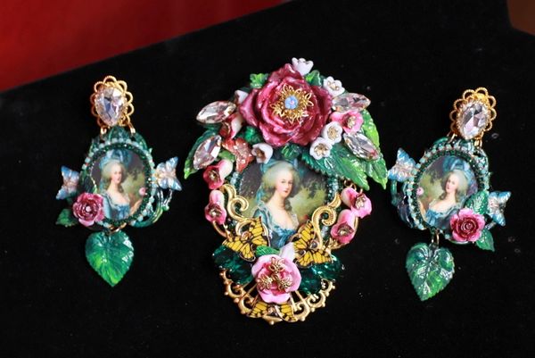 SOLD! 9021 Set of Brooch+ Earrings Marie Antoinette Victorian Vivid Flowers Hand Painted